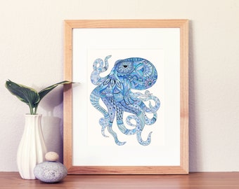 Octopus watercolor painting, octopus art print, octopus wall art, blue home decor, sea creature art, bathroom decor, sea art print