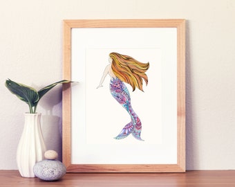 Mermaid art print, mermaid art, mermaid wall decor, mermaid painting, beach art, sea creatures, ocean art, bathroom art
