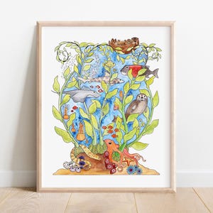 Monterey Kelp Forest Painting Print, Sea Otter, Watercolor and Ink image 1