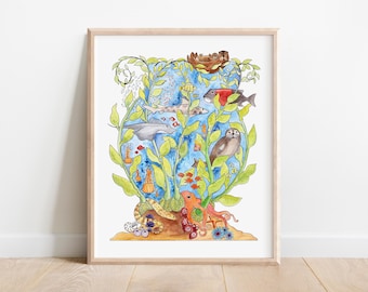 Monterey Kelp Forest Painting Print, Sea Otter, Watercolor and Ink