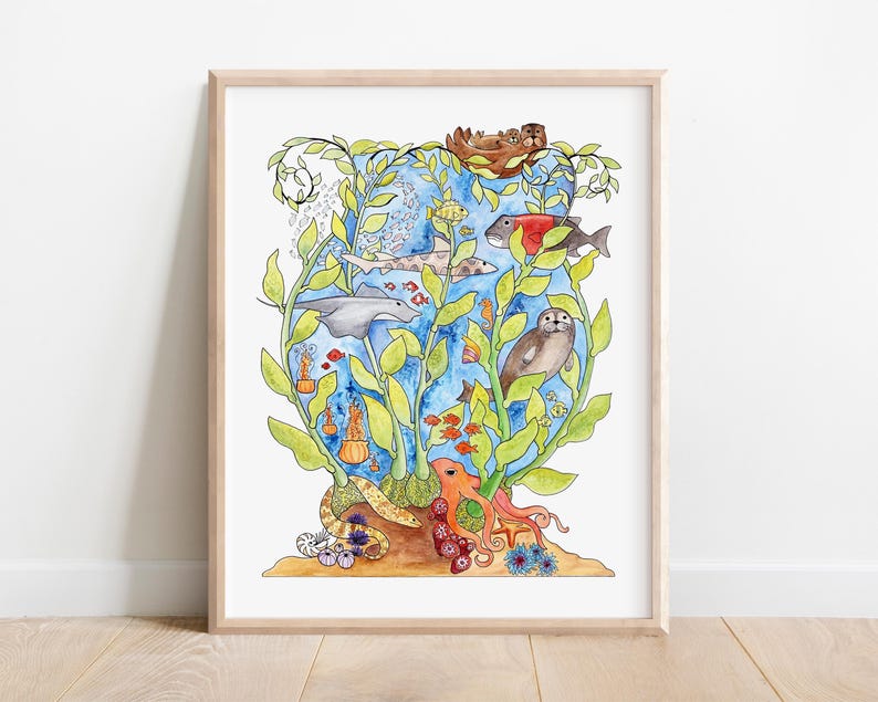 Monterey Kelp Forest Painting Print, Sea Otter, Watercolor and Ink image 1