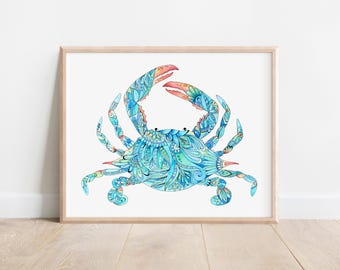 Blue Crab Watercolor Giclée Art Print: Coastal Beach Decor