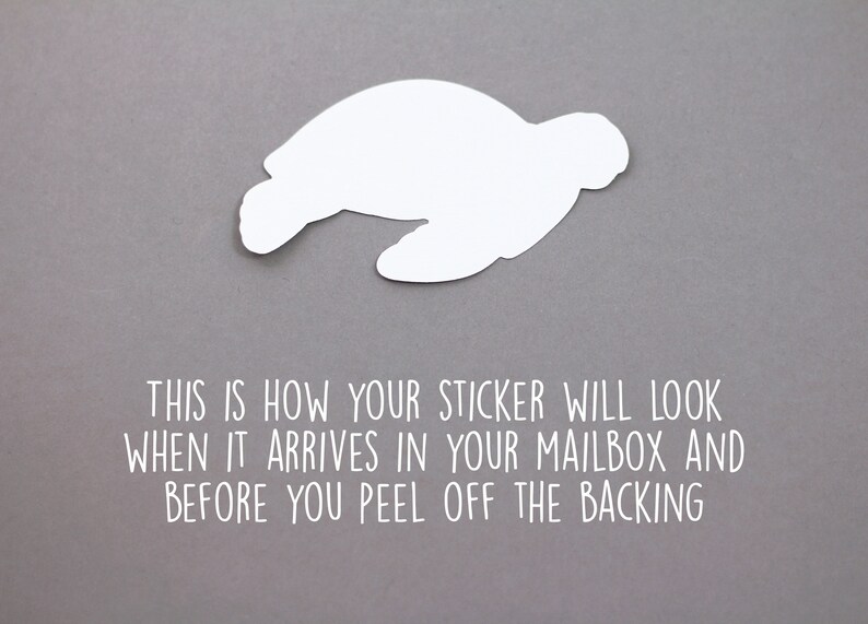 May include: A white sticker of a sea turtle on a gray background. The text "THIS IS HOW YOUR STICKER WILL LOOK WHEN IT ARRIVES IN YOUR MAILBOX AND BEFORE YOU PEEL OFF THE BACKING" is below the sticker.