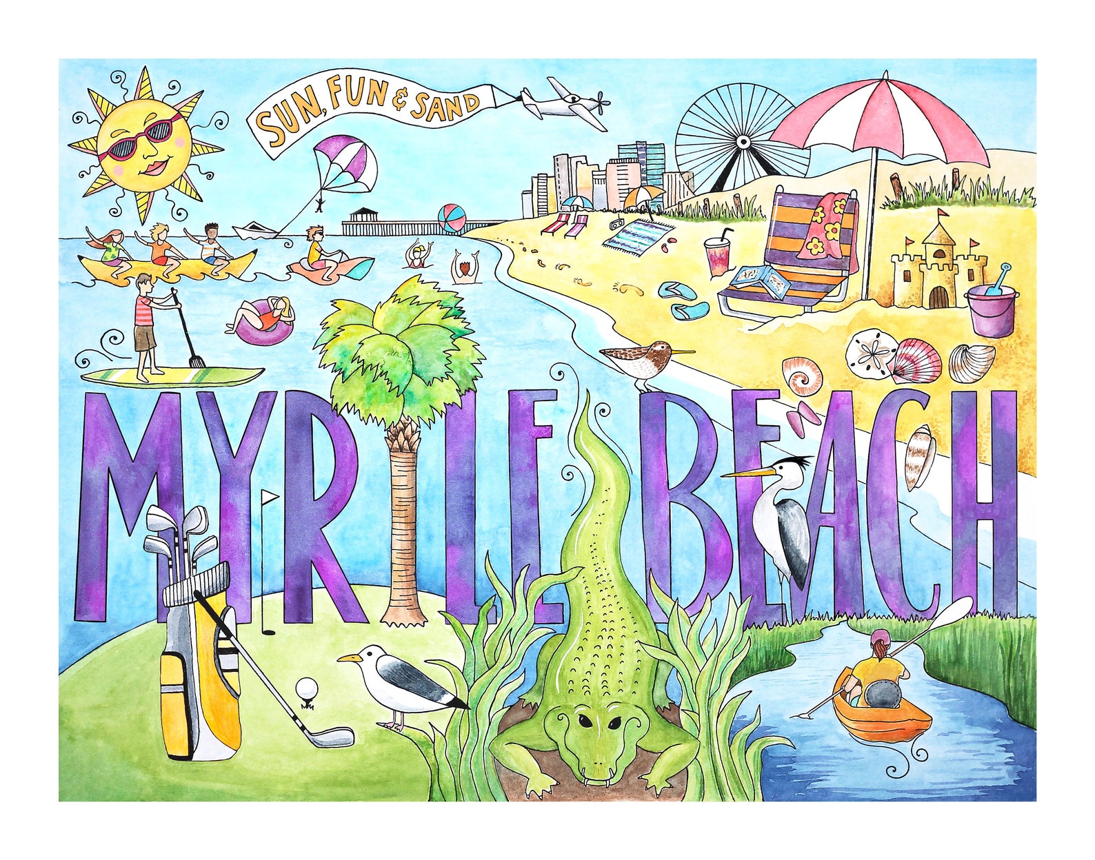 Myrtle Beach illustration art print Beach Art with shells Etsy