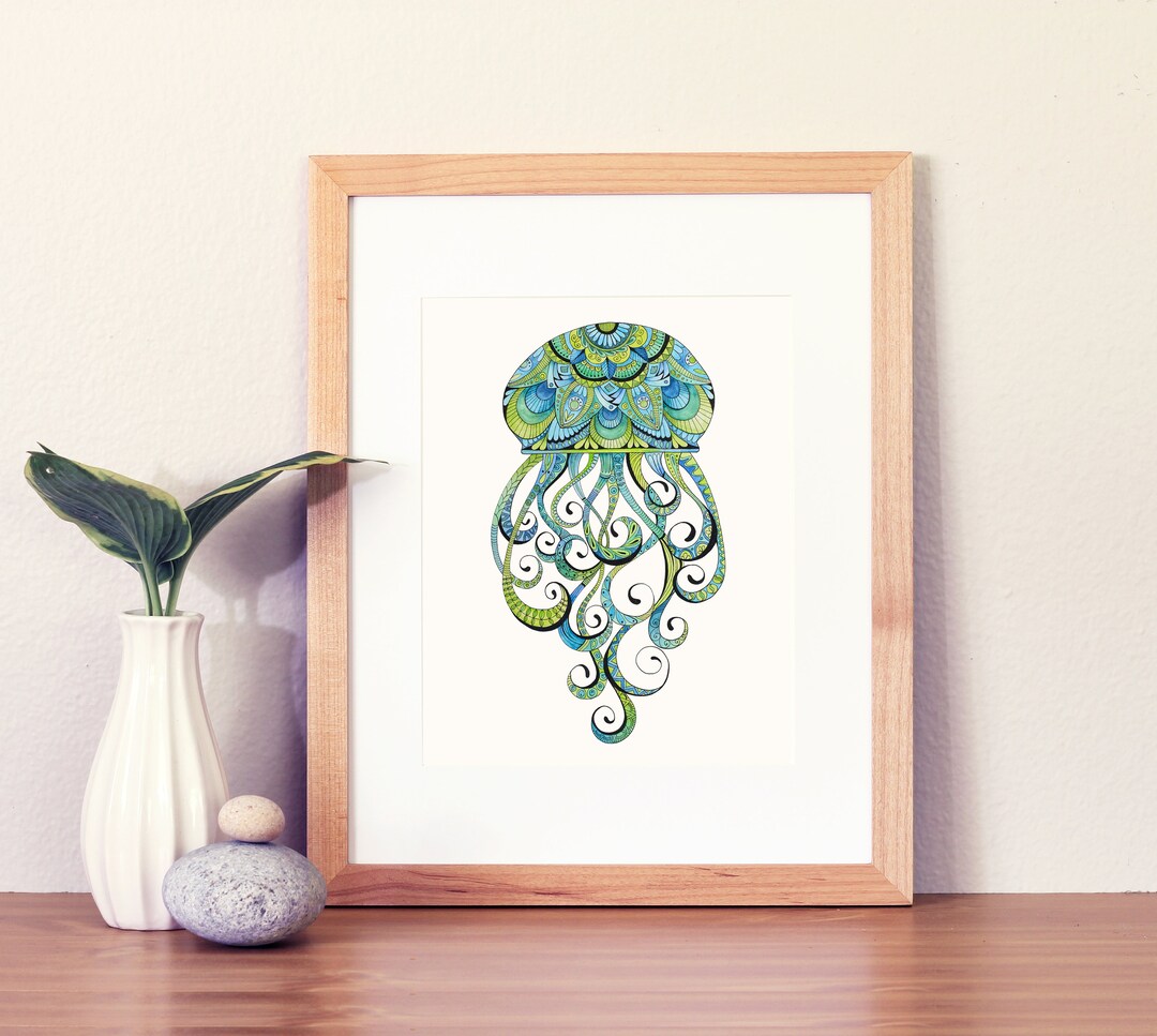 Jellyfish Art Print, Jellyfish Wall Decor, Blue and Green Art, Marine ...