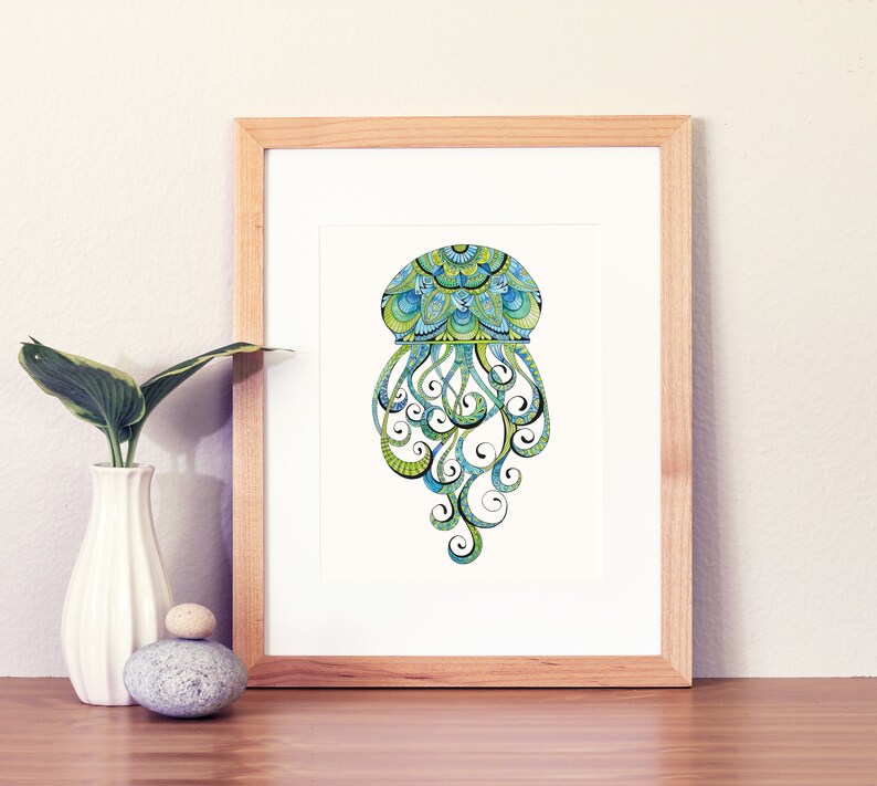 Jellyfish Art Jellyfish Wall Decor Blue and Green Art | Etsy