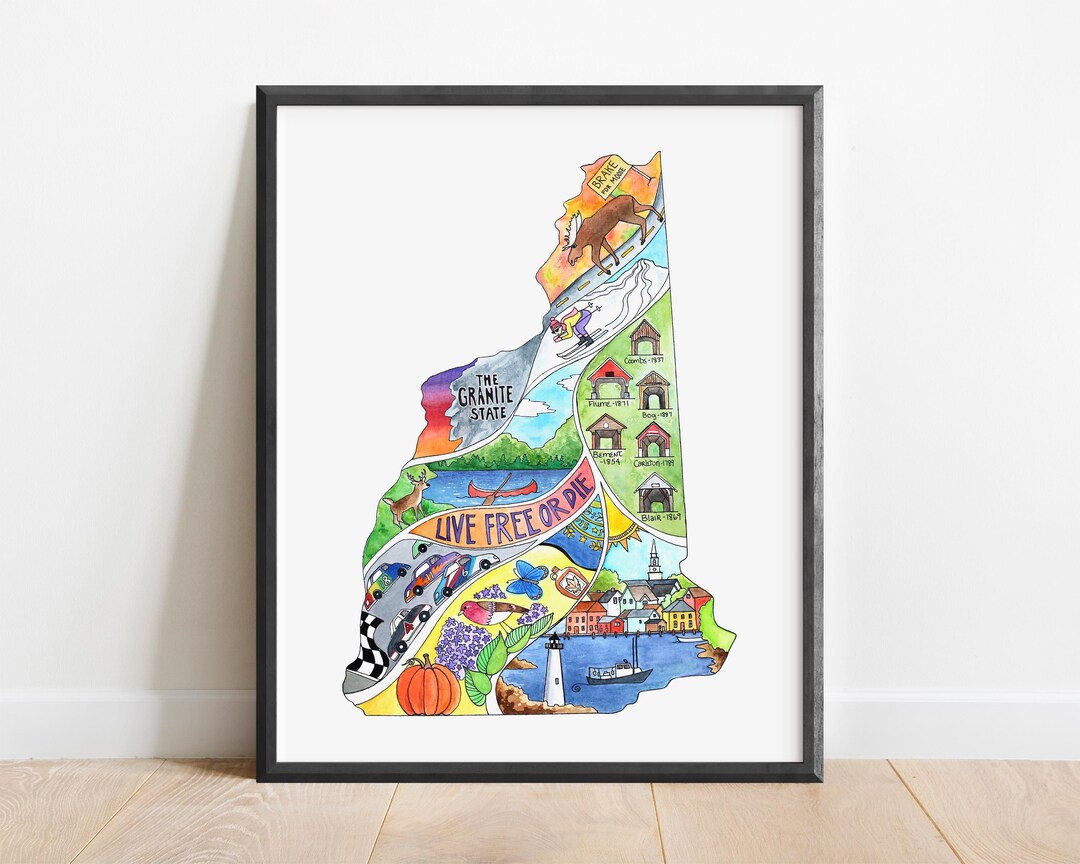 New Hampshire Map Art Print, Watercolor Illustration, State Pride - Etsy