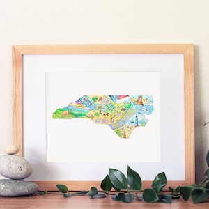North Carolina state map print, watercolor and ink, North Carolina Tar Heel state, Outer Banks, Blue Ridge mountains, State map wall art