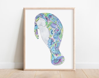 Manatee Watercolor Painting Print, Coastal Home Decor