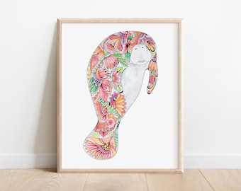 Manatee Watercolor Painting Print, Retro Florida Art