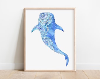 Whale Shark Art Print, Watercolor & Ink, Beach House Decor