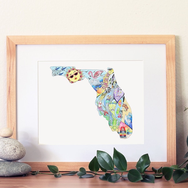 Florida map print, Florida watercolor and ink illustration, Florida state map, manatees, flamingos, the everglades, key west, miami beach