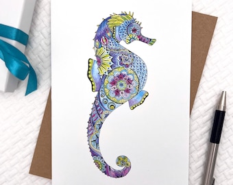 Watercolor Seahorse Greeting cards: Ocean themed Greeting Card set, blank inside