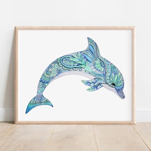 Impression d'art aquarelle dauphin : décor côtier