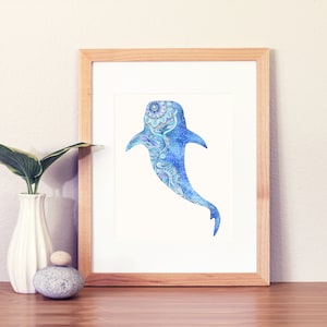 Whale shark print of a watercolor and ink painting, whale shark art, whale shark gift, whale shark wall decor, beach decor, nautical art