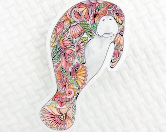 Floral Manatee Vinyl Sticker, Waterproof Decal