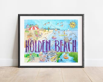 Holden Beach North Carolina Watercolor Art Print, Coastal Wall Decor