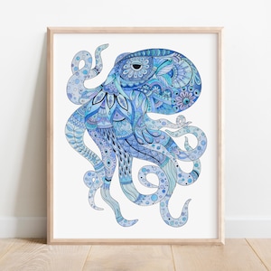 Impresión artística de acuarela de pulpo, arte de criatura marina azul imagen 1