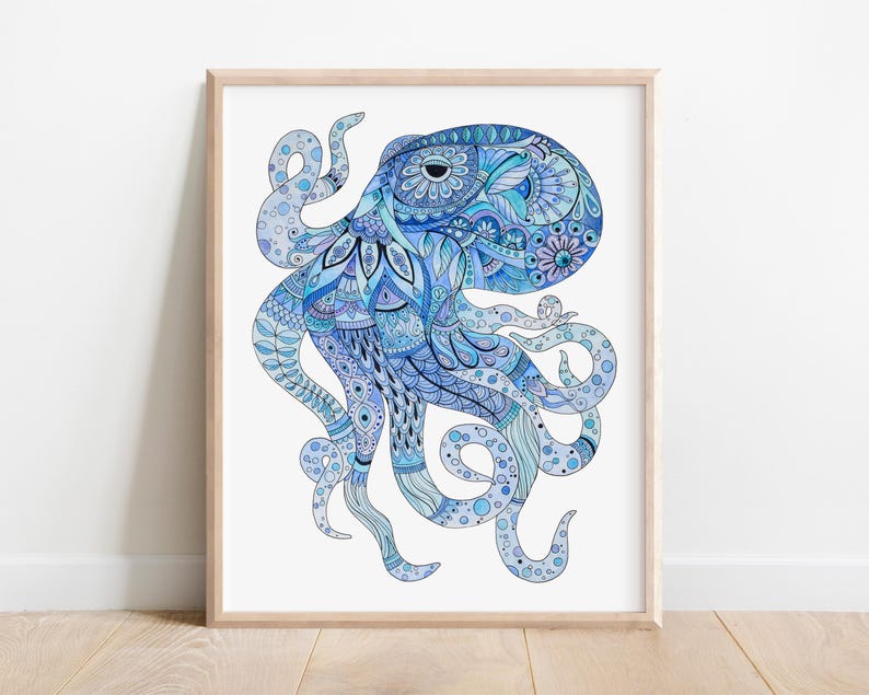 Impresión artística de acuarela de pulpo, arte de criatura marina azul imagen 1