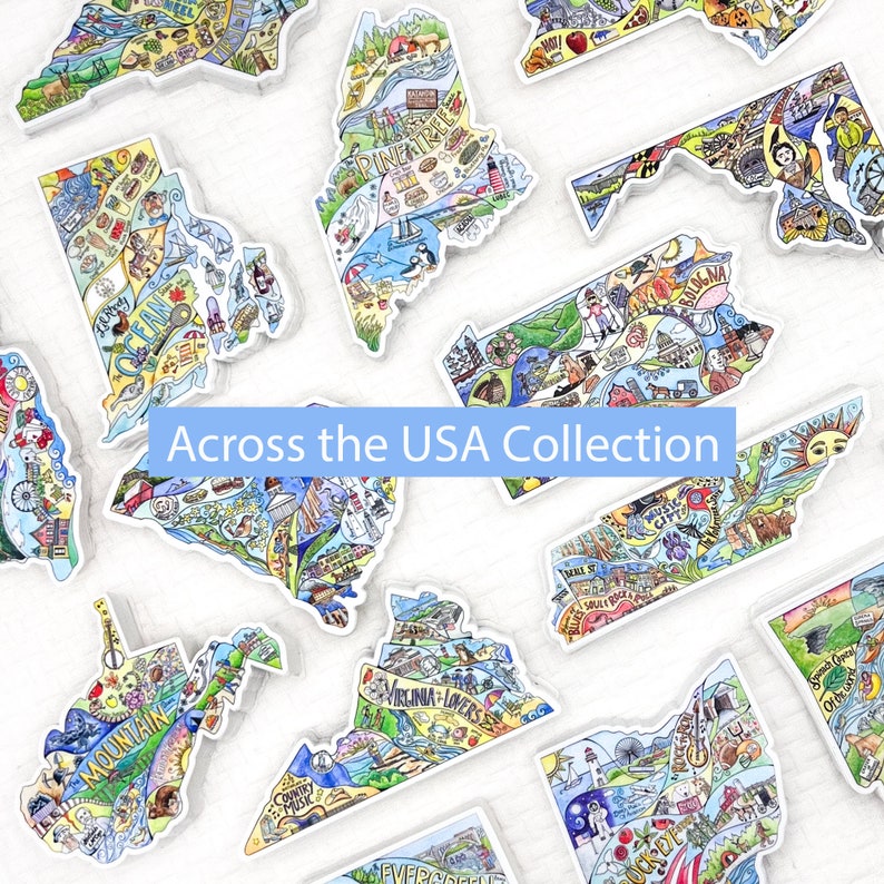 May include: A collection of colorful stickers, each depicting a U.S. state with detailed illustrations of landmarks and cultural elements. The text "Across the USA Collection" is displayed in a blue rectangle. The stickers are scattered on a white surface.