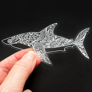 Clear Vinyl Shark Sticker, White Design, water bottle or Laptop Decal