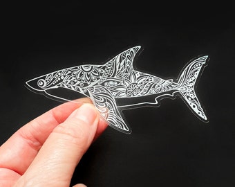 Clear Vinyl Shark Sticker, White Design, water bottle or Laptop Decal
