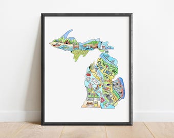 Mapa de Michigan en acuarela, lámina de Detroit y los lagos.