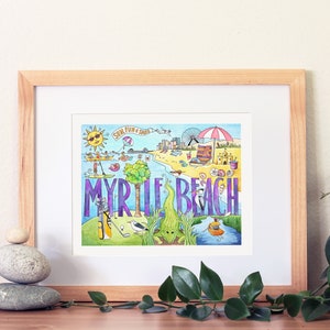 Myrtle Beach illustration art print, Beach Art with shells, beach gifts, memories of Myrtle Beach, Myrtle Beach art,  South Carolina