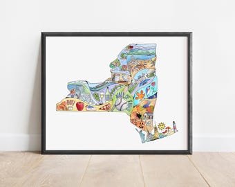 New York Landmark Map Print, State Art, Travel Souvenir