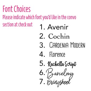 Puede incluir: Una lista de siete opciones de fuentes para un proyecto de dise&ntilde;o. Las opciones son: Avenir, Cochin, Gardenia Modern, Florence, Rachella Script, Barcelony y Bringshoot.