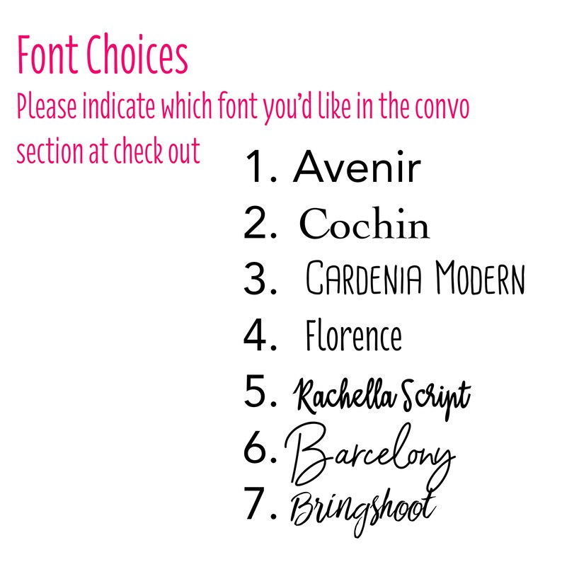 Puede incluir: Una lista de siete opciones de fuentes para un proyecto de dise&ntilde;o. Las opciones son: Avenir, Cochin, Gardenia Modern, Florence, Rachella Script, Barcelony y Bringshoot.