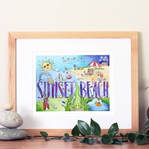 Sunset Beach North Carolina watercolor painting print, golf, kayaking, the planetarium, beach fun, & kindred spirit mailbox, whimsical art