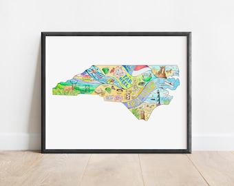 North Carolina State Map Print, Watercolor and Ink, Outer Banks, Blue Ridge