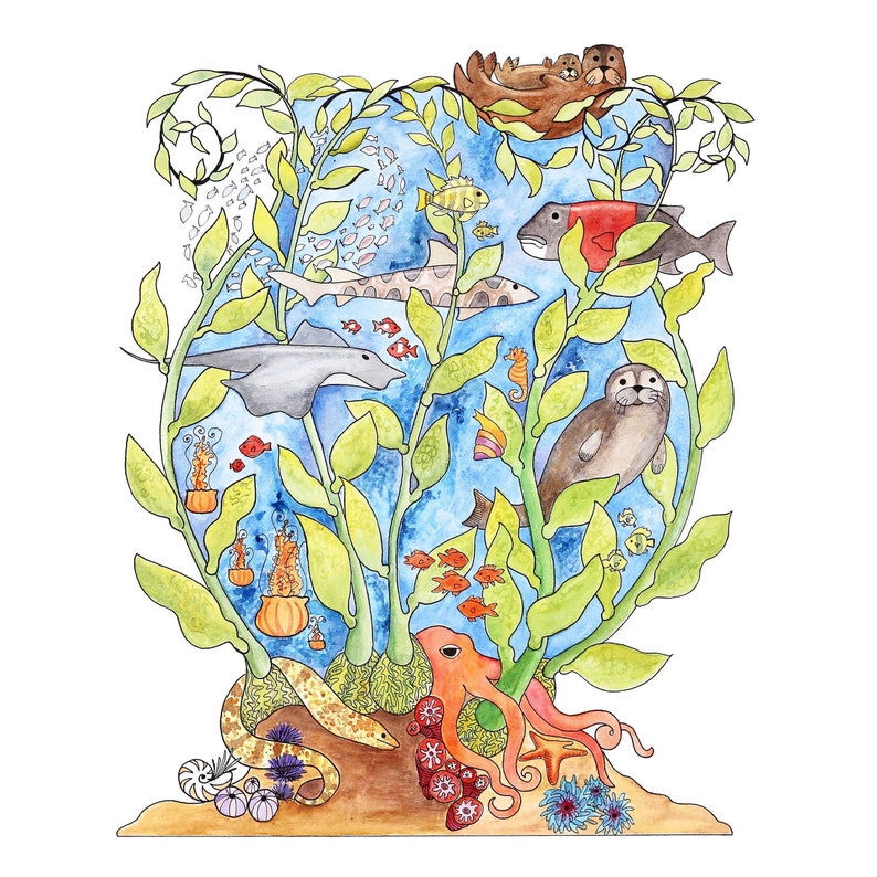 May include: A watercolour painting of an underwater scene with kelp, fish, an octopus, a sea otter, a sea lion, and a moray eel. The scene is painted in shades of blue, green, orange, and brown.