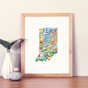 Indiana state map print, original watercolor and ink illustration featuring Indy 500 racing, Dunes National Park, wineries, golf plus more!