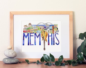 Memphis Tennessee illustration art print featuring the Memphis zoo, Beale Street, Orpheum sign, Sun Studios, Graceland, Memphis trolley,