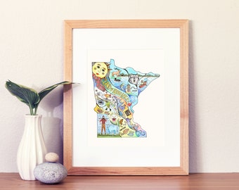 Minnesota map print, Minnesota watercolor and ink illustration, Minnesota nice, Uff da, Minnesota painting, Paul Bunyan, Dontcha know?