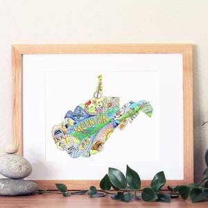 West Virginia state map print, watercolor and ink, West Virginia art with moth man, football, WV state symbols, West Virginia art painting