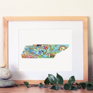 Tennessee map Print with a fun swirl of all the fun and unique sights to see in Tennessee. Nashville, Memphis, Cades cove, and more.