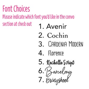 May include: A list of seven font choices for a design project. The fonts are: Avenir, Cochin, Gardenia Modern, Florence, Rachella Script, Barcelony, and Bringshoot.