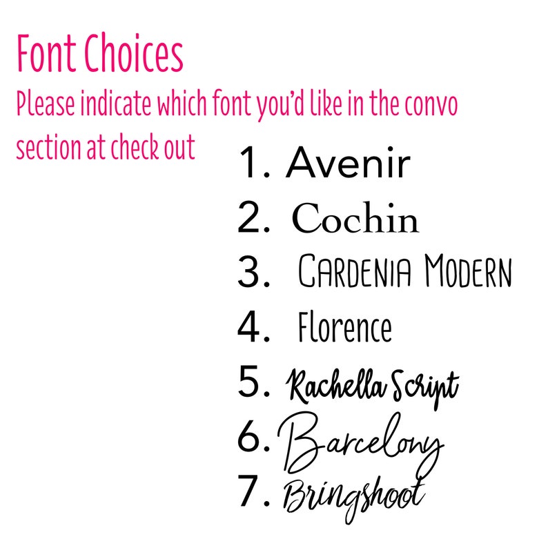 May include: A list of seven font choices for a design project. The fonts are: Avenir, Cochin, Gardenia Modern, Florence, Rachella Script, Barcelony, and Bringshoot.