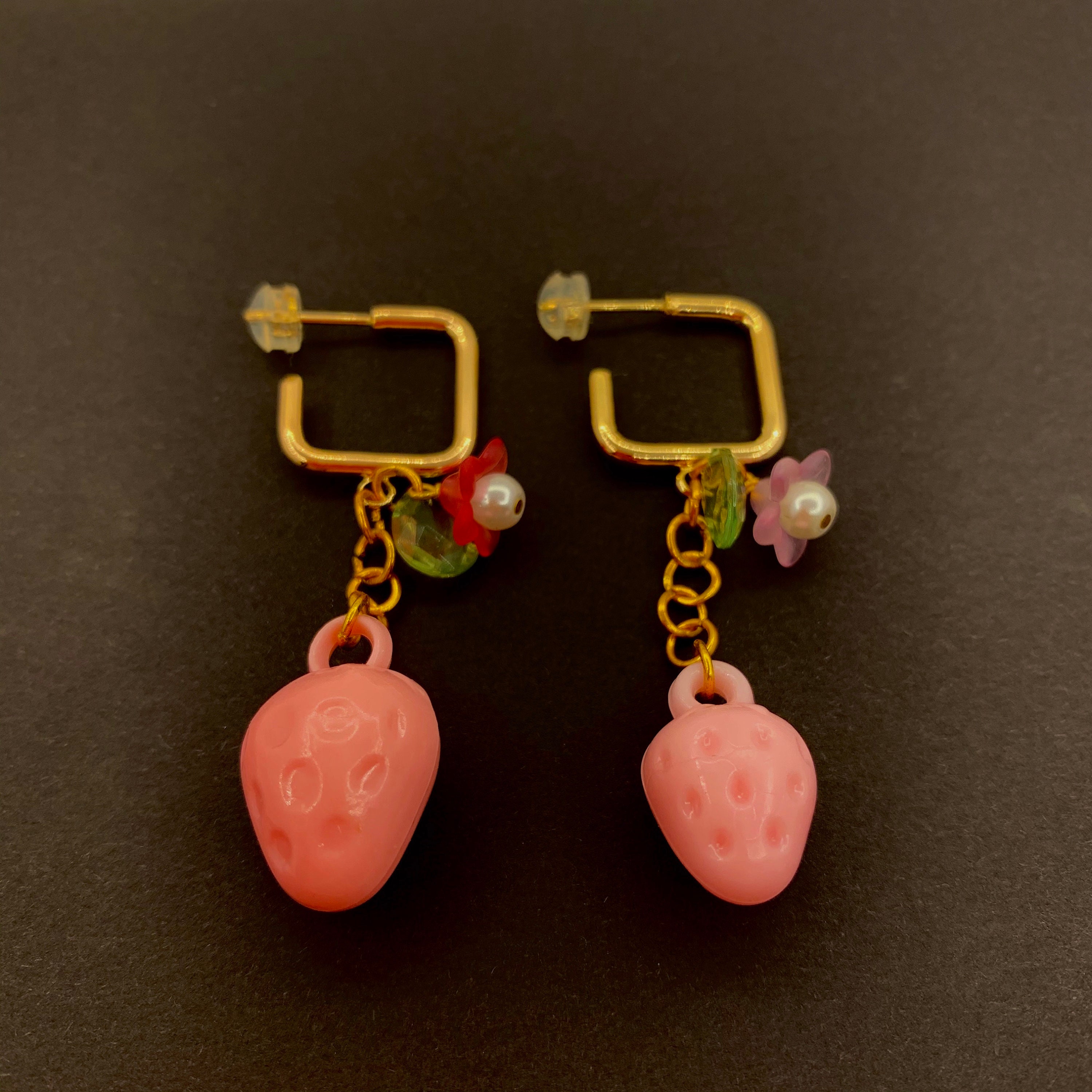 18k Gold Square Hoop & Fruit Earrings. Apples, Strawberry's, Flowers