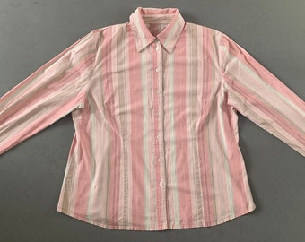 Vintage 1990s pink striped collared shirt blouse retro spring summer holiday preppy office white beige