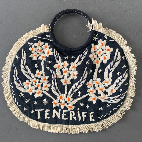 Vintage 1970s souvenir handbag Tenerife floral embroidery tourist top handle bag summer beach shopping basket hand made retro 50s 60s 70s