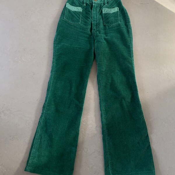 Vintage Wrangler 1970s flare pants green corduroy bell bottom jeans pockets Made in USA 60s 70s hippie boho