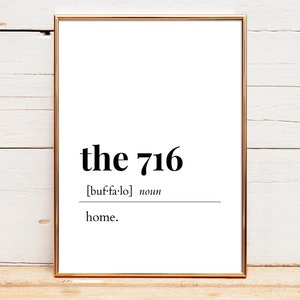 May include: A framed print with the text "the 716 [buffalo] noun home."
