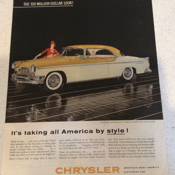 10.5 by 13.5  1955 Chrysler New Yorker Deluxe St. Regis Automobile Advertisement from the Saturday Evening Post in great condition