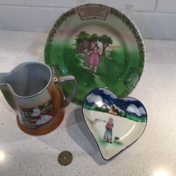 Royal Bayreuth China suite of Three pieces, Little Bo Peep Poem plate, a Sunbonnet Sue Cream pitcher and a heart shaped Dutch girl pin tray