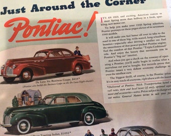 1940 Pontiac Automotive Advertisement, 10.5 by 14 inches from the pages of the Saturday Evening Post, showing the Touring sedans and coupes.