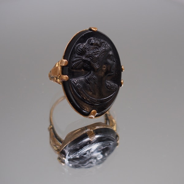 Antique Celluloid Black Mourning Cameo Ring with Brass Setting